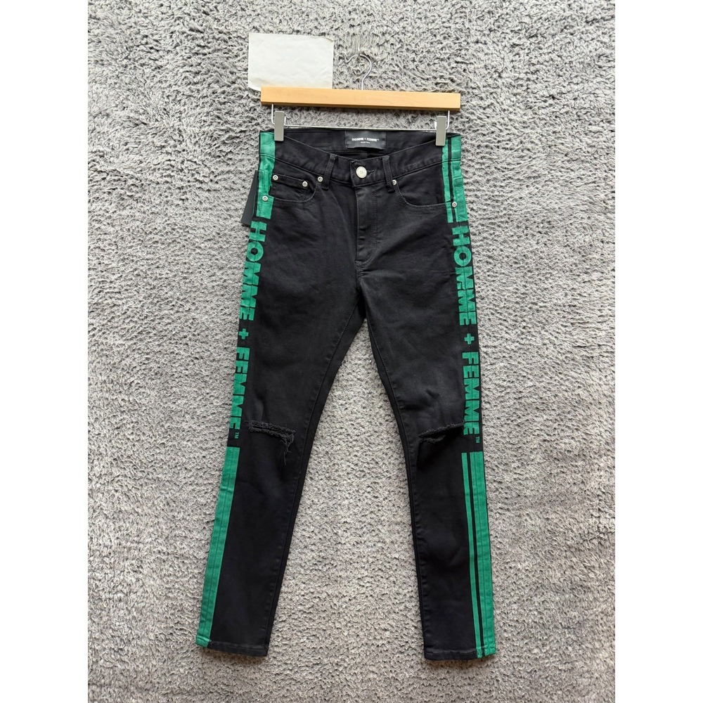 NWT Homme + Femme Striped Distressed Denim Jeans Black Neon Green Men's Size 28